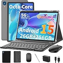 Android 15 tablet with keyboard, 26GB RAM+256GB ROM(2TB Expand), 10 inch tablet with 8000mAh Battery, 2.4G/5G WiFi, BT 5.0, 5MP+13MP Dual Camera, Gemini AI, Octa-core, Mouse, Stylus, Case(Black Case)